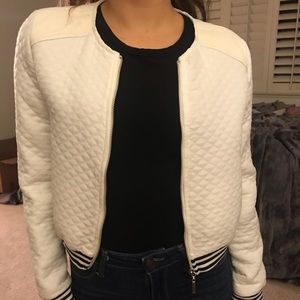 Quilted bomber with leather shoulder